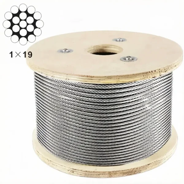Marine Grade 316 Stainless Steel Cable 1/16″ (1.2mm) 1×19 wire rope, low‑stretch rigid aircraft cable for multi‑purpose industrial outdoor rigging