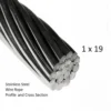 Salt‑spray resistant rigid 1x19 316 stainless steel cable 1.2mm, minimal‑stretch wire rope for seaside light‑duty suspension works Marine Grade 316 Stainless Steel Cable 1/16″ 1.2mm 1×19 wire rope for coastal outdoor corrosive‑environment marine rigging suspension