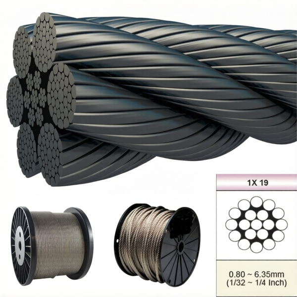 1.5mm (1/16″) 1×19 T316 marine grade stainless steel wire rope for lightweight billboard and indoor signage hanging rigging