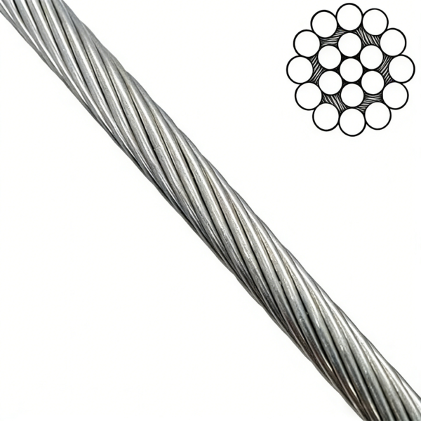 1×19 Galvanized Steel Wire Rope 3.0mm 3/32″, low‑stretch anti‑sag rigid strand for long‑term static tension service