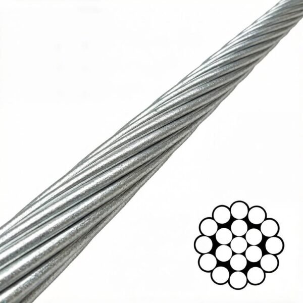 1×19 Galvanized Steel Wire Rope 1.5mm 5/64″, low‑sag rigid strand for retail & office commercial light fixture static hanging