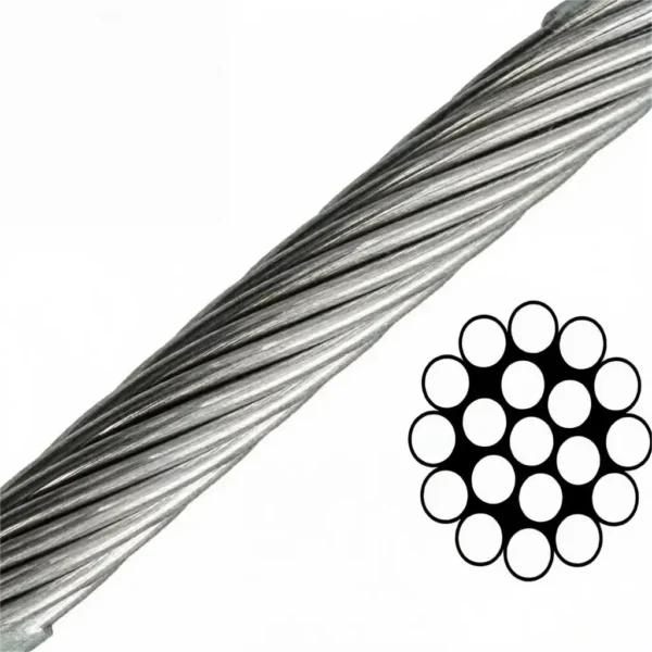 1×19 Galvanized Steel Wire Rope 2.0mm 0.079″, low-sag rigid strand for commercial LED and pendant light hanging