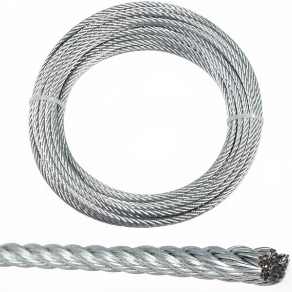 Galvanized Steel Wire Rope 1×19 2.0mm (0.079″), rigid low‑stretch aircraft cable for commercial lighting overhead suspension with looping gripper