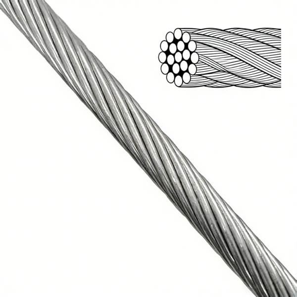 1×19 Galvanized Steel Wire Rope 2.5mm 3/32″, rigid high‑strength strand for industrial framework static tension bracing