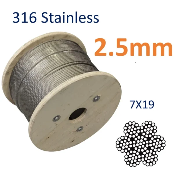 2.5mm 3/32" 7x19 G316 stainless steel wire rope multi‑function aircraft cable for billboard and signage hanging rigging