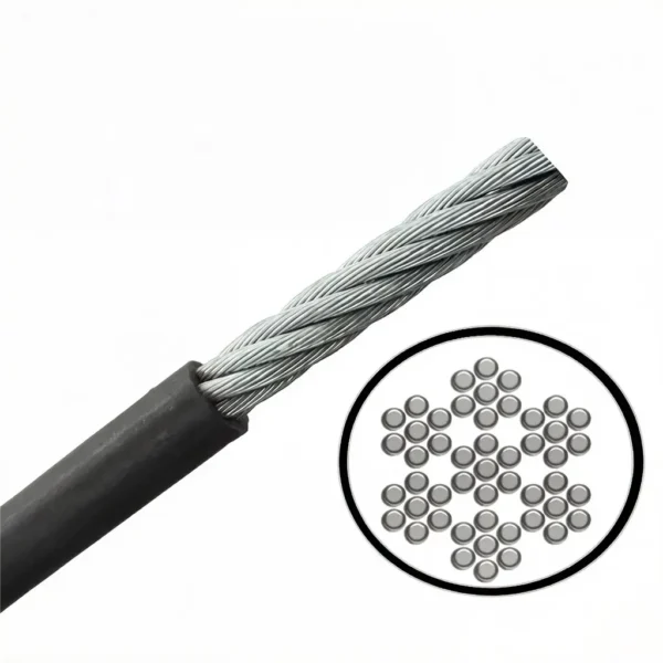 Black PVC Coated 1.2mm 7×7 304 stainless steel cable, flexible aircraft wire rope for commercial lighting suspension