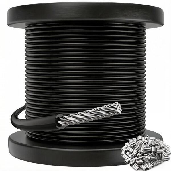 Black PVC Coated 1.2mm 7×7 304 stainless steel cable for indoor sign and billboard light‑load suspension