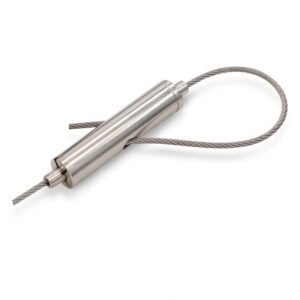 Brushed stainless steel cylindrical dual‑way cable gripper, self‑locking looping connector fits 1.2‑1.5mm aircraft cable for retail signage ceiling suspension