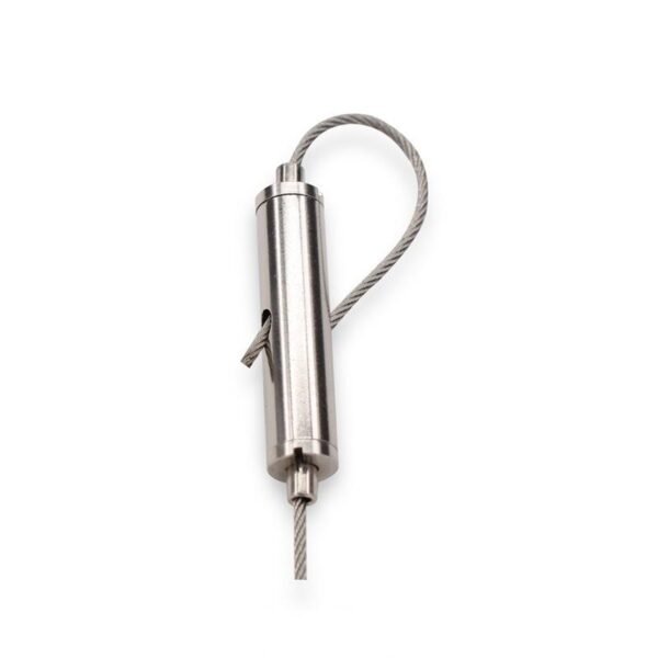 Brushed stainless steel cylindrical dual‑way cable gripper, self‑locking loop connector fits 1.2‑1.5mm aircraft cable for gallery exhibition art lighting ceiling suspension
