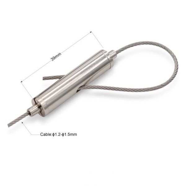 Brushed stainless steel cylindrical dual‑way cable gripper, self‑locking looping connector fits 1.2‑1.5mm aircraft cable for supermarket commercial pendant light ceiling suspension