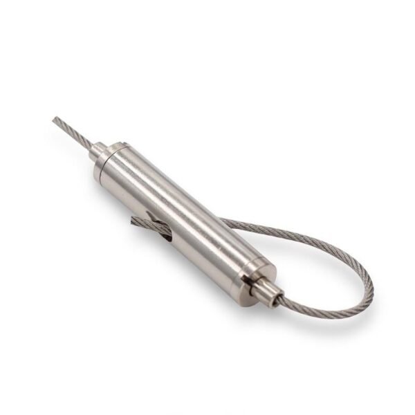 Brushed stainless steel cylindrical dual‑way cable gripper, self‑locking loop connector fits 1.2‑1.5mm aircraft cable for clean commercial office lighting ceiling suspension