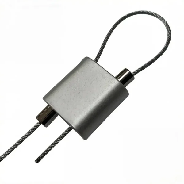 Small looping gripper two‑way wire lock 15×15×8.5mm, 100N break‑load cable fitting for 0.8‑1.0mm wire rope, seismic & HVAC overhead suspension hardware