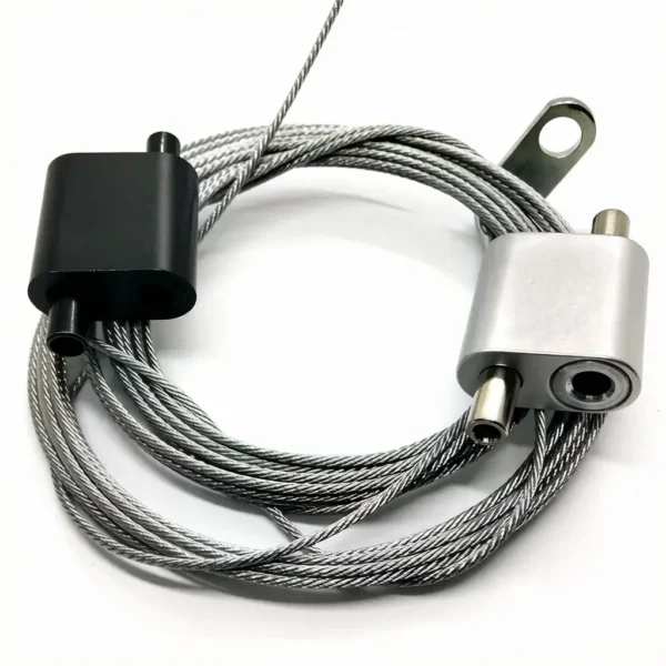 Black and silver dual-way wire rope lock, 25x26x13mm aluminum gripper fits 2.0-2.5mm aircraft cable for modern commercial ceiling wire hanger suspension