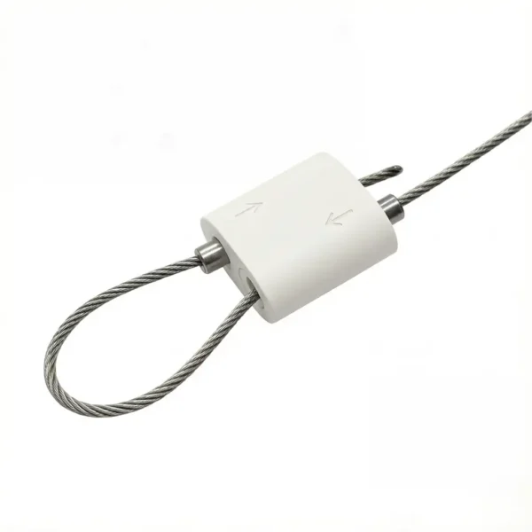 White Aluminum Dual Wire Loop Cable Gripper, adjustable self-locking hanging fastener for billboard, poster, exhibition display and versatile commercial ceiling suspension needs