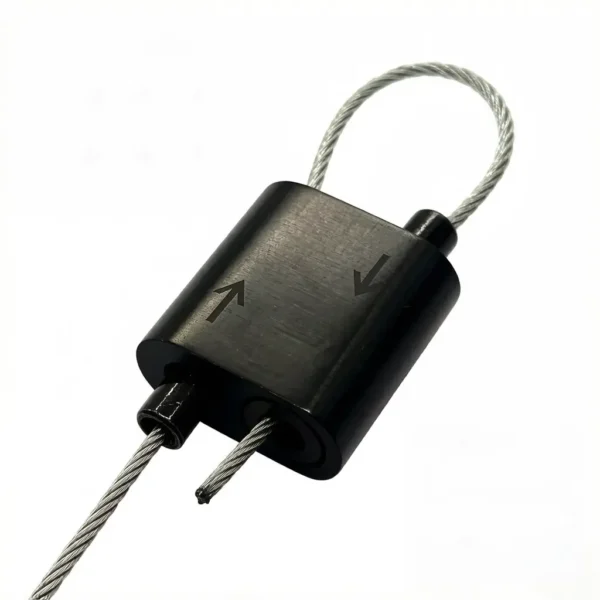 Delicate 20×18×10MM Two‑Way Black Loop Cable Gripper Lock, 1.5mm Wire Fixing Fastener for Retail Signage and Display Rack Overhead Hanging
