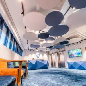 Wide Colour Palette Circular Acoustic Ceiling Raft Fabric Wrapped Multiple Dimensions For Studio Hotel Lobby Interior