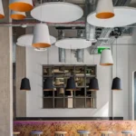 Round Fabric Wrapped Suspended Acoustic Ceiling Raft Multiple Sizes Class A Double-Sided Sound Absorbing Floating Ceiling Cloud Baffle